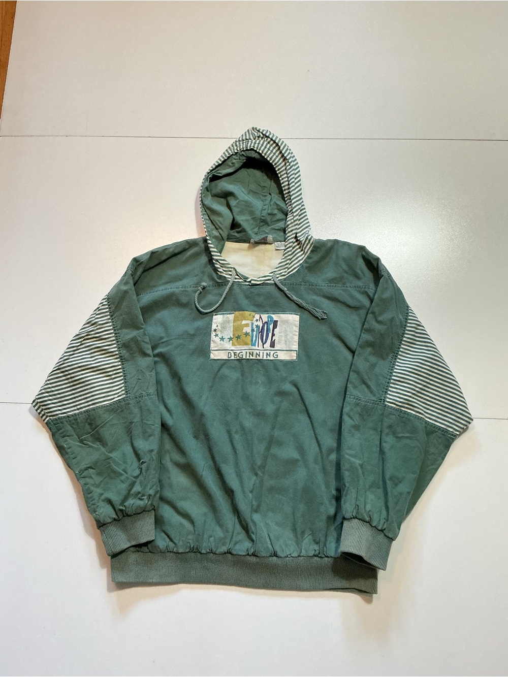 Vintage 90s Up-Time Europe Beginning Green Striped Cotton Pullover Hoodie
